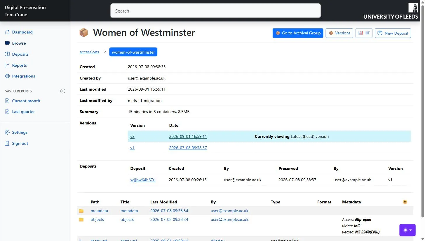 An Archival Group in Browse, showing the breadcrumb, its two versions, the deposits that made them, and the access and rights metadata inherited down the tree.
