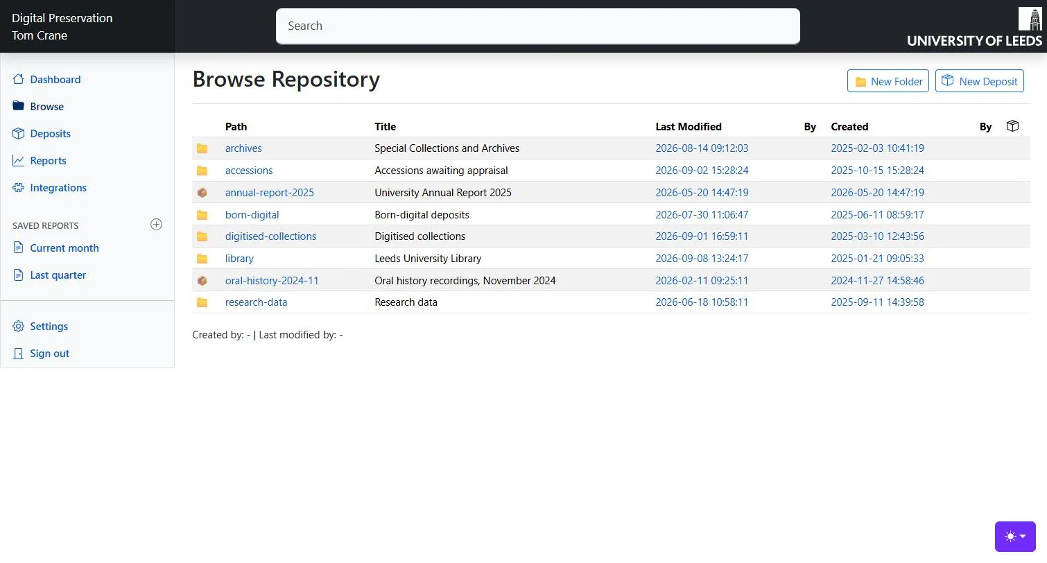 The Browse page at the repository root: the sidebar on the left, the search box across the top, and a listing of containers and Archival Groups.