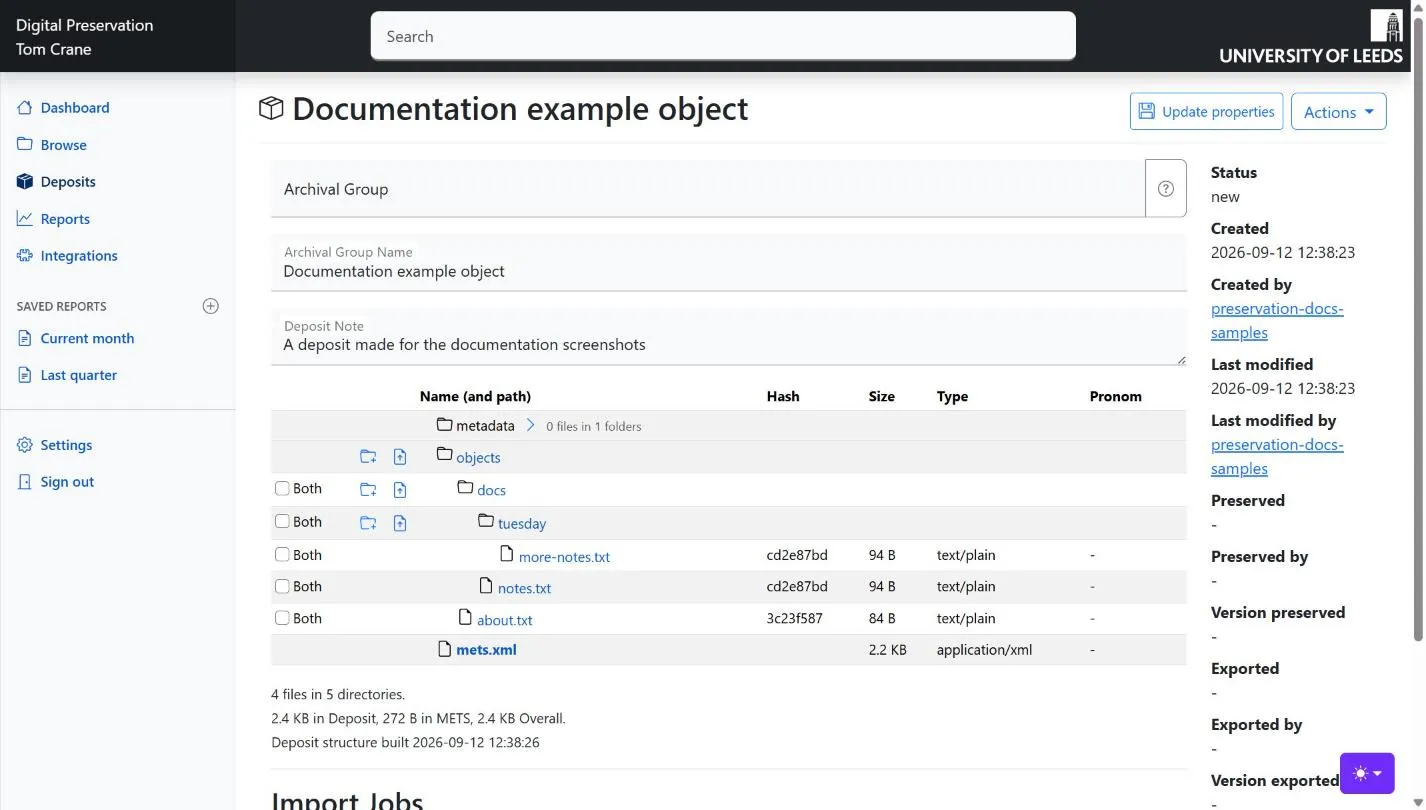 The Deposit page: the file table with a Both label on each row, and the side panel showing status, who created it and whether it has been preserved.