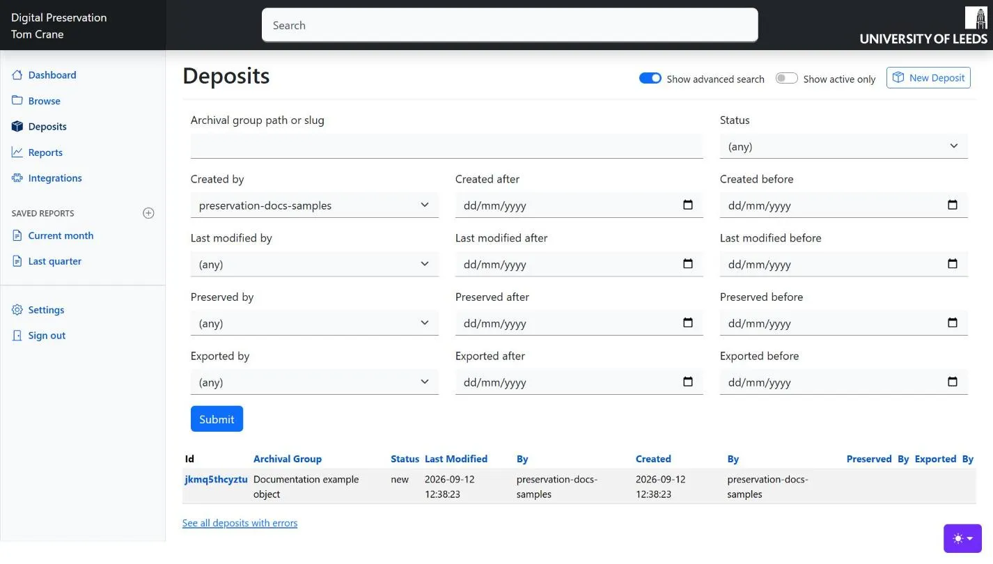 The deposits list with the advanced search panel open, filtered to deposits created by one agent.