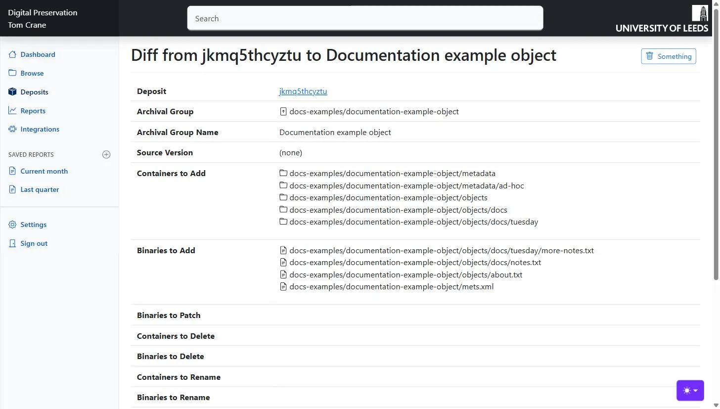 A diff import job, listing the containers and binaries to add and leaving the patch, delete and rename sections empty.