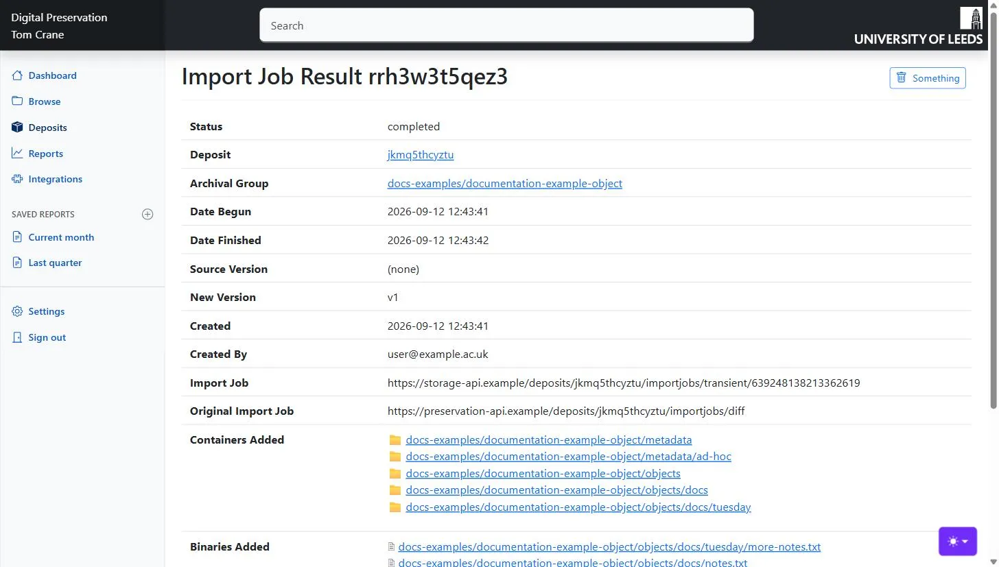 A completed import job result, showing the new version v1 and the containers and binaries that were added.