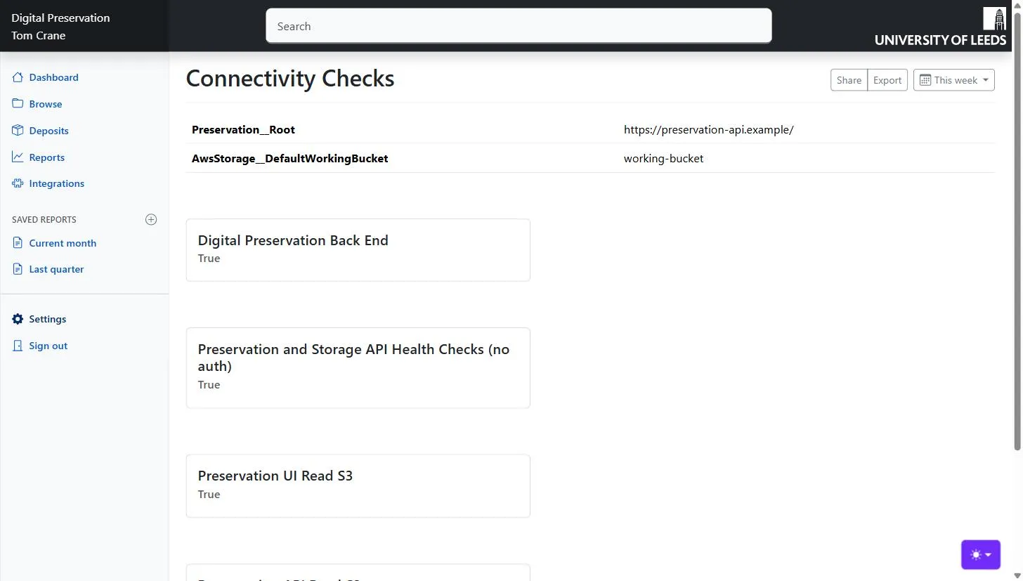 The status page, listing the configured API root and working bucket above a card for each connectivity check.